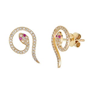 14K Ruby Snake Stud Earrings, Emerald eyes snake earrings, Diamond Snake Earrings, Unique stud earrings, Year of the snake, Gift for her