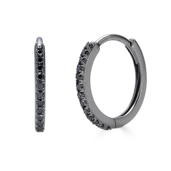 14k Black Diamond Hoop Earrings Solid Gold Hoop Earrings tiny diamond hoop earrings Black Diamond Earrings Gift for her 14k Gold Hoops