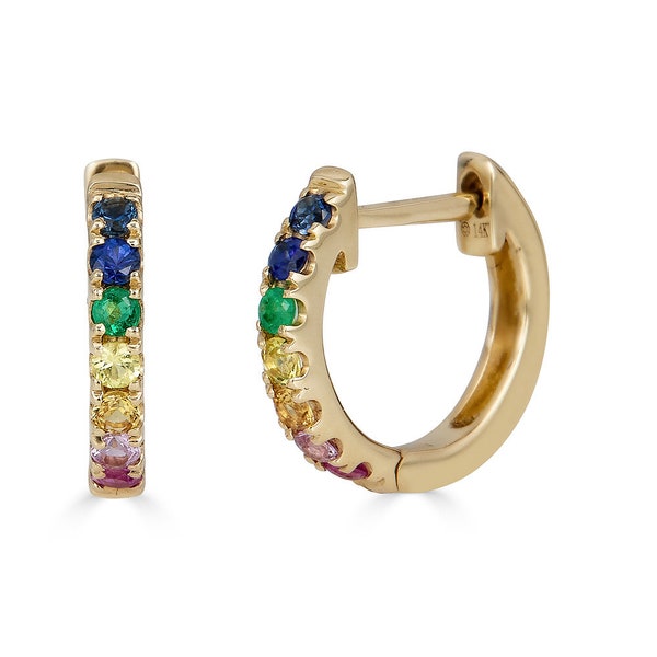 14k Rainbow Sapphire Huggie Earrings, Multi Colored Sapphire Hoop Earrings, Gold Rainbow Hoop Birthstone Earrings - (3-D3)