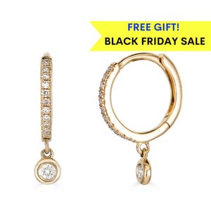 14k Diamond Dangle Hoop Earrings, Solid Gold Hoop Earrings, tiny diamond hoop earrings, 14k Gold Hoops, Christmas gift, Diamond earring gift