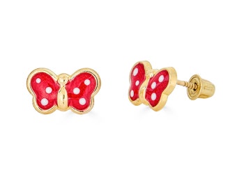 14K große rote Schmetterling Ohrstecker, Solid Gold Ohrringe für Mädchen, Schmetterling Ohrringe für Mädchen, Solid Gold Ohrringe für Kinder, Geschenk