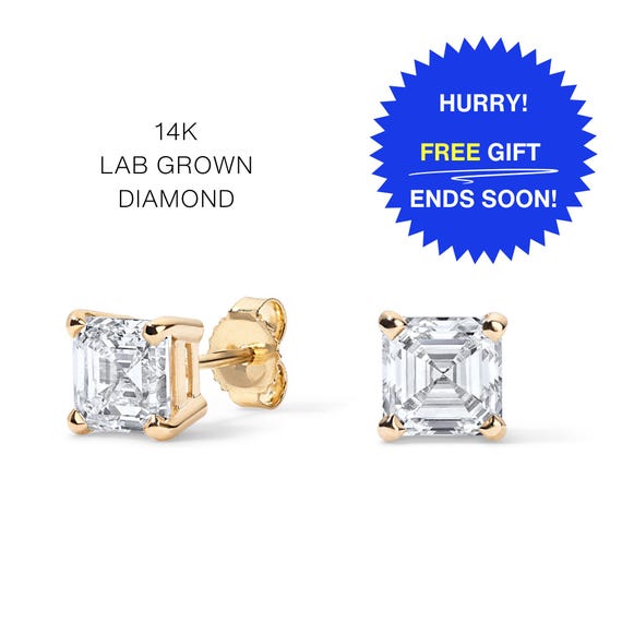 14K Asscher Cut Lab Diamond Stud Earrings, IGI Certified Diamond