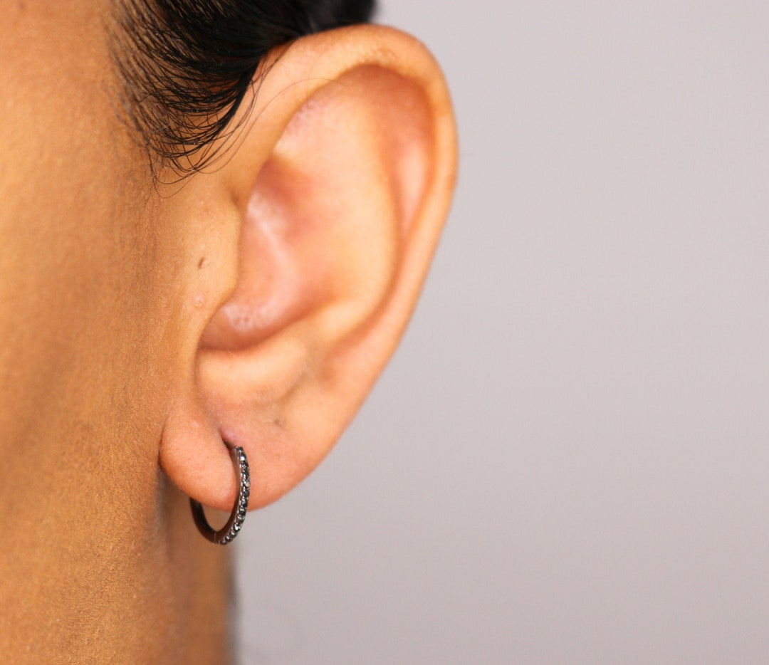 14k Black Diamond Huggie Hoop Earrings, Solid Gold Hoop Earrings, Tiny Diamond Hoop Earrings