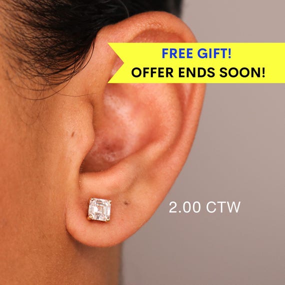 14K Asscher Cut Lab Diamond Stud Earrings, IGI Certified Diamond Studs 14K Lab Grown diamond studs, everyday diamond earrings, gift for her