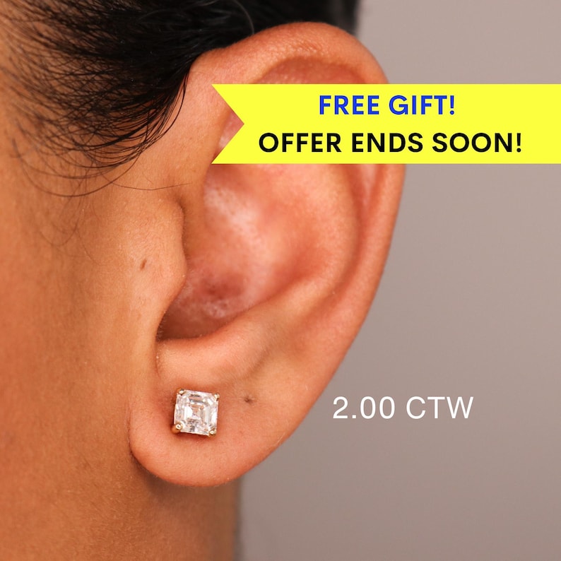14K Asscher Cut Lab Diamond Stud Earrings, IGI Certified Diamond Studs 14K Lab Grown diamond studs, everyday diamond earrings, gift for her image 1