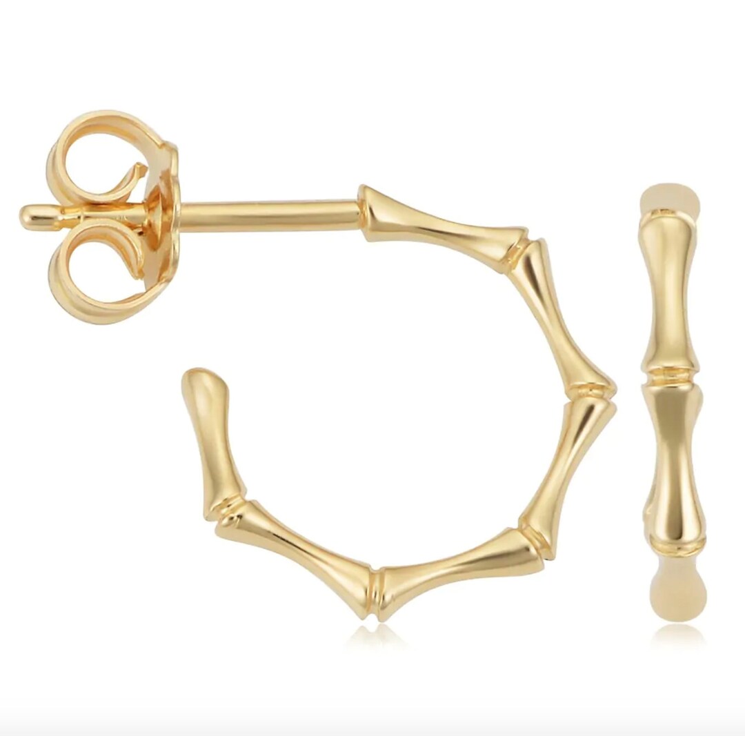 14k Gold Bamboo Earrings Huggie Hoop Earrings Solid Gold Etsy