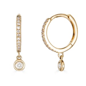 14k Diamond Dangle Hoop Earrings, Solid Gold Hoop Earrings, tiny diamond hoop earrings, 14k Gold Hoops, 2nd hole earring, Diamond drop(3-A3)