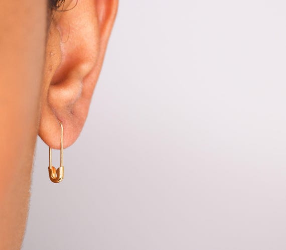 14K Gold Safety Pin Earring 3/4''Inch, Diamond Safety Pin Earring, black friday sale, Christmas Gift for her, Solid Gold Safety Pin Earrings