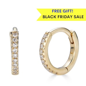 14k Diamond Huggie-oorbellen, massief gouden hoepels, kleine diamanten hoepels, 2e gat oorbellen, 14k gouden hoepels, cadeau voor vrouw