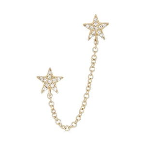 14k ダイヤモンド スター イヤリング、天体ジュエリー、14k ダイヤモンド ムーン イヤリング、チェーン イヤリング、ブラック フライデー セール、ゴールド セカンド ホール イヤリング