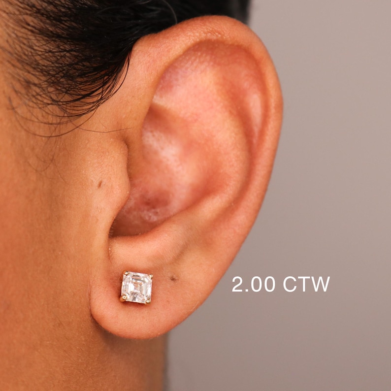 14K Asscher Cut Lab Diamond Stud Earrings, IGI Certified Diamond Studs 14K Lab Grown diamond studs, everyday diamond earrings, gift for her image 3