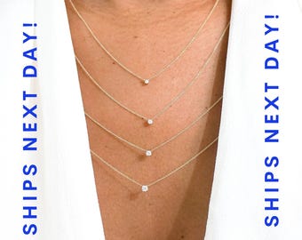 14K Diamond Solitaire Necklace, Tiny Diamond Pendant, Natural Diamond Solitaire Necklace,Everyday Layering Necklace, Dainty Diamond Necklace