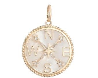 14K Mother Of Pearl Compass Charm, Diamond Compass Charm, Diamond Star charm, 14k Gold Compass charm, Holiday gift, Layering charm