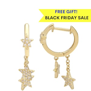 14K Gold Stars Diamond Earrings, Diamond star huggie earrings, diamond star hoops, celestial jewelry, celestial earrings, gift for her