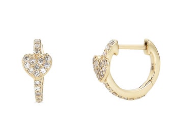 14k Diamond Heart Earrings, 14k gold diamond Hoop Earrings, tiny diamond hoop earrings, helix earring, 2nd hole earring - (1-A6)
