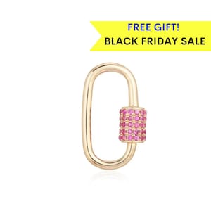 14K Pink Sapphire Carabiner Lock, 14k Gold Carabiner Lock, Solid Gold Carabiner Lock, Real Gold Charm Lock, 14K Gold Charm Holder, Enhancer
