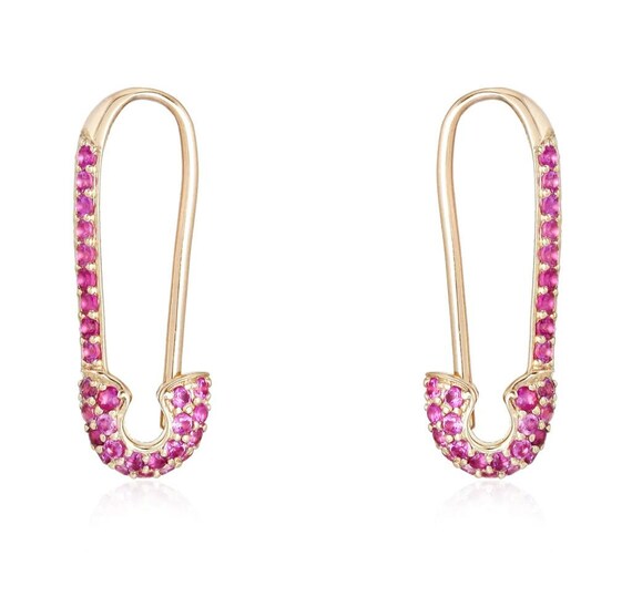 14K Pink Sapphire Mini Safety Pin Earring Sapphire Gold - Etsy