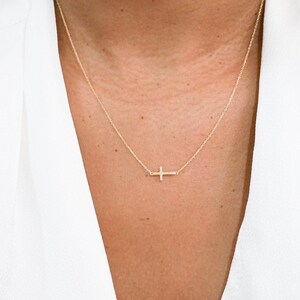 14k Gold Sideways Cross Necklace, 14k Cross Necklace, First Communion Gift, Layering Necklace, Baptism, black friday sale, 14k Cross Pendant