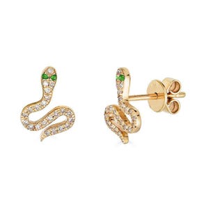 14K Emerald Diamond Snake Stud Earrings