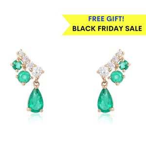 14K Yellow Gold Emerald Pear Diamond Drop Earrings