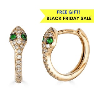 14k Diamond Snake Earrings, Diamond Snake Huggie Earrings, Solid Gold Hoop Earrings, 14k Emerald diamond hoop earrings - (2-C5-C7)