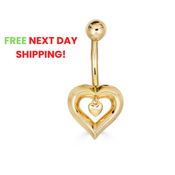 14K Dangle Double Heart Belly Ring, Solid gold Heart Belly Ring, Heart Belly Jewelry, Gift for her, Solid Gold Body Jewelry, Heart Jewelry