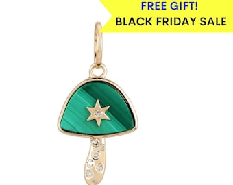 14K Malachite Mushroom Charm, Diamond Mushroom Charm, Gemstone mushroom charm, cute mushroom pendant, gift for her, black friday sale