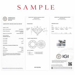 Pu&ograve; includere: Tre relazioni di laboratorio bianche con informazioni sulla classificazione dei diamanti. I rapporti includono dettagli come il peso in carati, il colore, la purezza e il taglio. I rapporti provengono dall'International Gemological Institute, con la parola "SAMPLE" in alto.