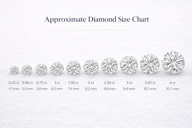 Pu&ograve; includere: Un grafico delle dimensioni approssimative dei diamanti. Il grafico mostra una serie di diamanti a taglio rotondo, che vanno da 0,25 ct a 4 ct, con le corrispondenti misure in millimetri. Il testo "Approximate Diamond Size Chart" &egrave; in alto.