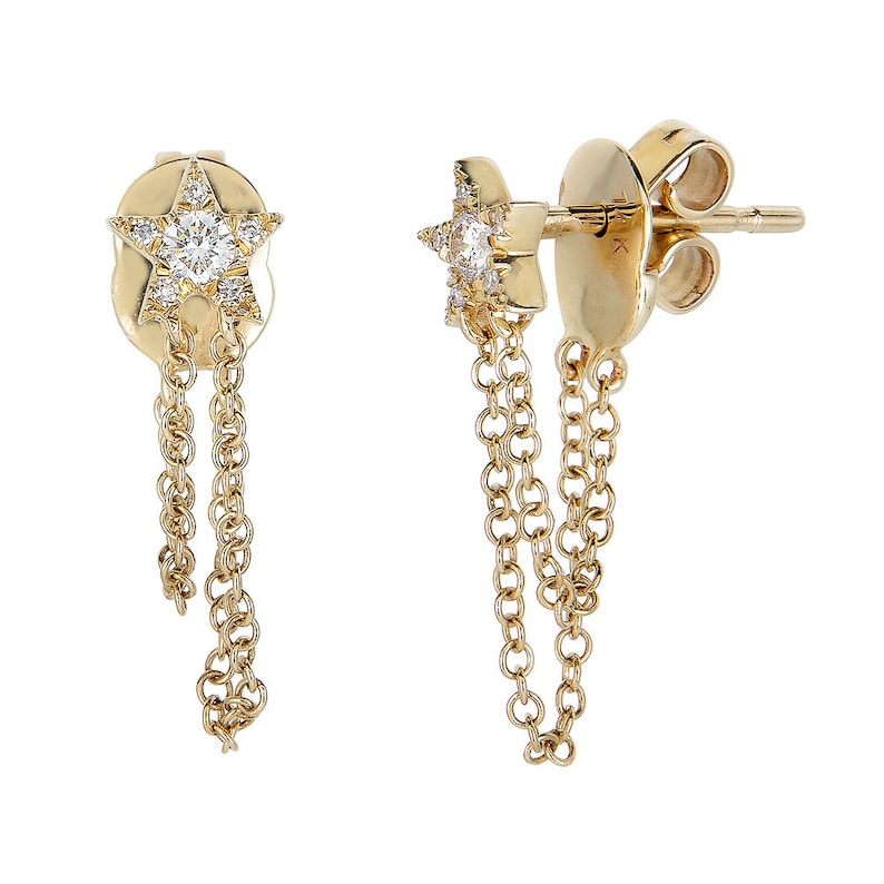 14k Diamond Star Earrings Gold Chain Star Earrings Celestial - Etsy