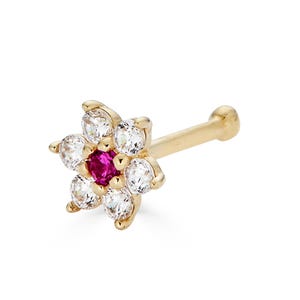 14K CZ Nose Stud, Solid gold flower nose stud, real gold flower nose ring, purple flower nose stud, everyday nose ring, nose jewelry
