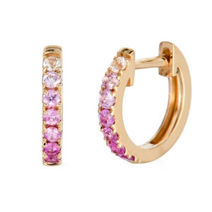 14k Pink Sapphire Huggie Hoop Earrings, Solid Gold Hoop Earrings, blue sapphire hoop earrings, 14k Gold Hoops, Gift for her, gemstone hoops