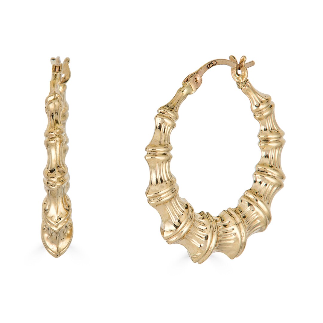 14K Gold Bamboo Earrings, Solid Gold Bamboo Hoop Earrings, Real Gold