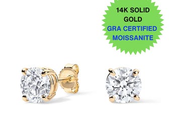 14K Gold Moissanite Studs – Round Cut, GRA Certified D VVS1