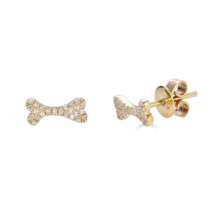 14k Diamond Dog Bone Earrings, Paw Print, Diamond Dog Studs, 14k dainty diamond stud earrings, Paw studs, Pet Lover Gift - (4-C2-C3)