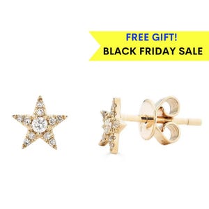 14k Diamond Star Studs,  Star Stud Diamond Earrings, 14k Real Gold Earrings, 14k Everyday Earrings, Jewelry Gift For Her, Star Stud Earrings