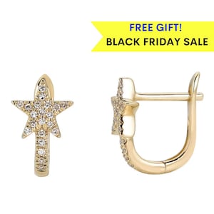 14k Diamond Star Hoop Earrings, Diamond Star Earrings, Celestial Jewelry, Solid Gold Hoop Earrings, diamond hoop earrings, Christmas Gift