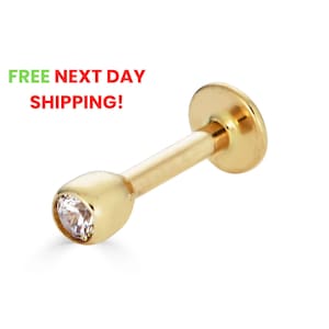 14G 14K CZ Labret Stud, 14K Solid Gold Labret Piercing Earring, 14K Solid Gold Tragus Stud, Dainty Flat Back Labret Stud, Gift for her