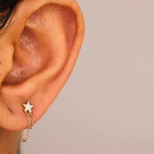 14k Diamond Star Earrings, Gold Chain Star Earrings, Celestial Jewelry, Solid Gold Hoop Earrings, black friday sale, 14k Chain Studs