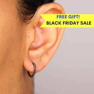 14k Black Diamond Hoop Earrings, Solid Gold Hoop Earrings, tiny diamond hoop earrings, Christmas gift for wife, Black Diamond 14k Gold Hoops