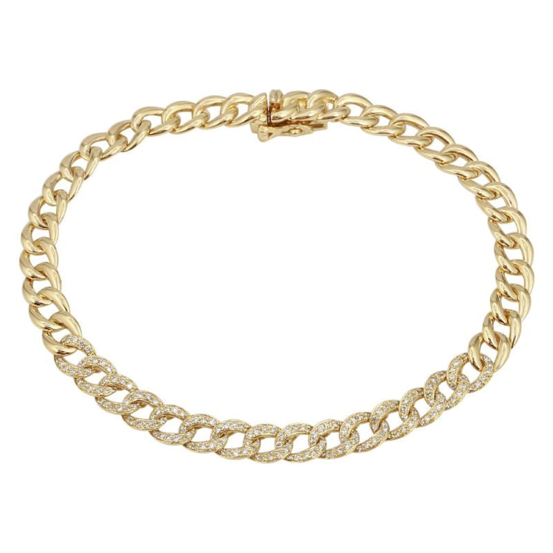 14k Gold 1/2 Diamond Cuban Link Bracelet, Solid Gold Diamond Link ...