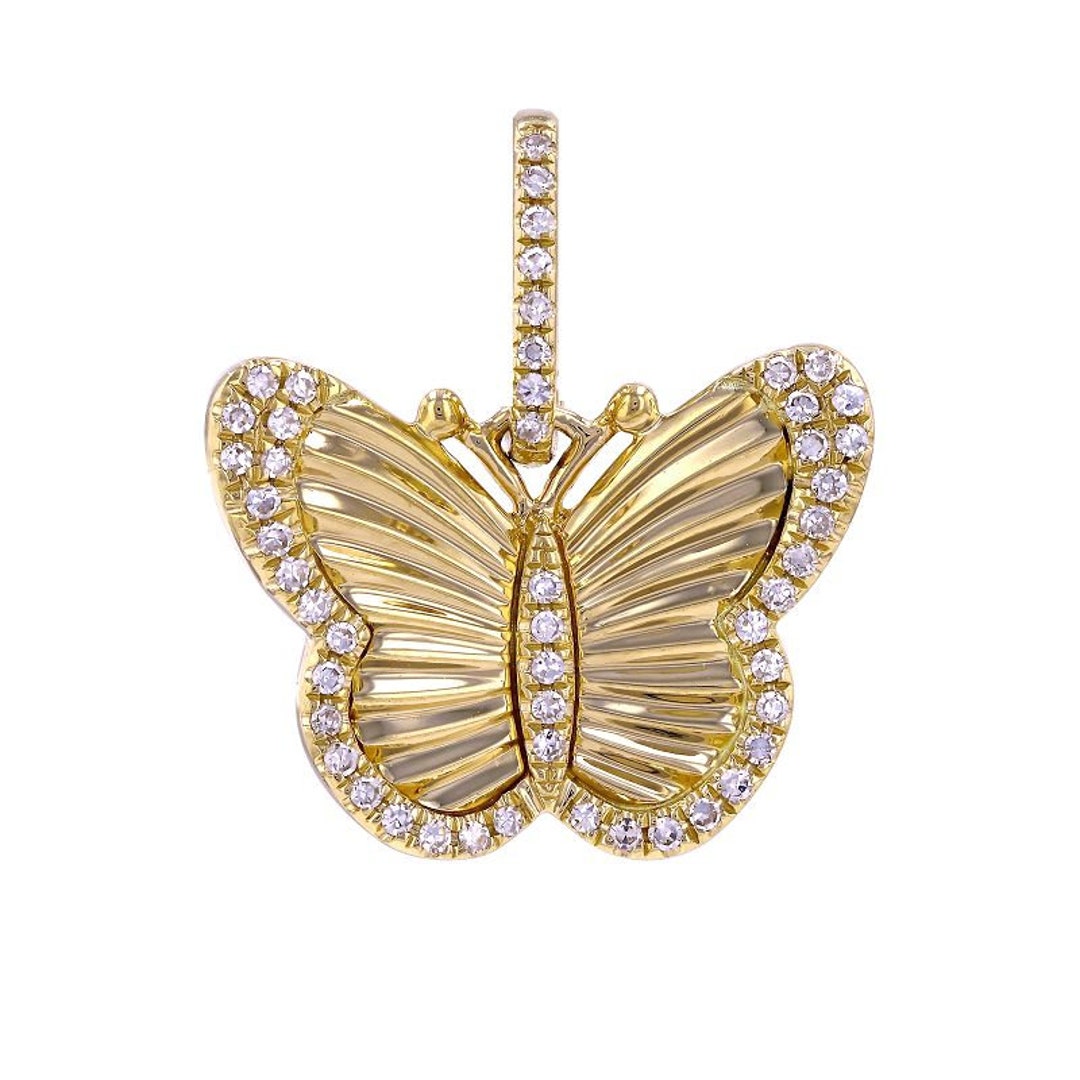 14K Diamond Butterfly Charm, Real Gold Diamond Butterfly Pendant, Solid Gold Butterfly Charm