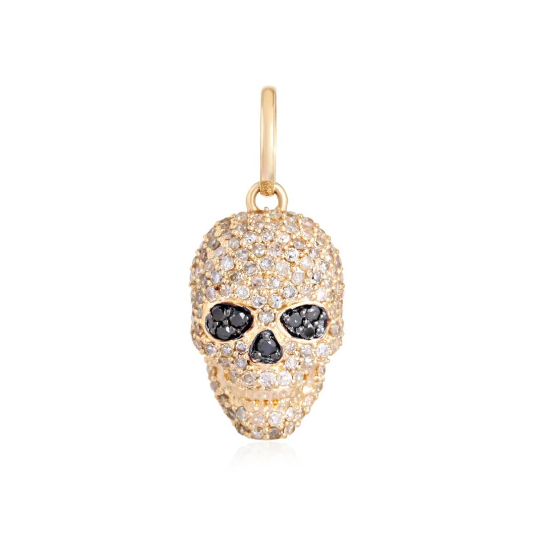 14K Diamond Skull Charm, Gold Diamond Skull With Black Diamonds, Black Diamond Charm, Gold Skull