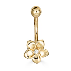 14k Yellow Gold Solid CZ Center Plumeria Flower Belly Button Ring 14k Yellow Gold Solid CZ Center Plumeria Flower Belly Button Ring