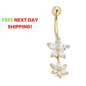 Piercing per ombelico in oro 14K con fiore e zirconi cubici, calibro 14, piercing per ombelico in oro vero, piercing per ombelico in zirconia cubica, gioielli per ombelico in oro massiccio, gioielli per piercing