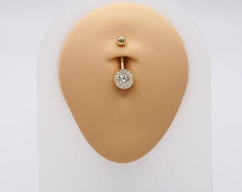 14K Solid Gold CZ Halo Belly Ring
