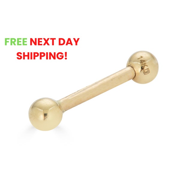 14K Solid Gold Ball Straight Barbell Earring, 16Gauge, Eyebrow, Cartilage, Helix, Tragus, Rook, Daith, Conch, Lip,Body Piercing Jewelry