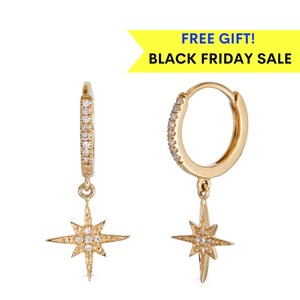 14K Diamond Dangle Star Hoop Earrings, Solid Gold Diamond Star Hoop Earrings, 14k Gold Celestial Star Earrings, Diamond Star Earrings
