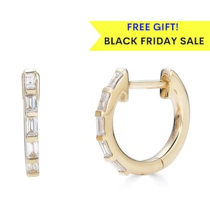 14k Diamond Huggie Hoop Earrings, Diamond Baguette, Solid Gold Hoop Earrings, 14k Gold Hoops, 2nd hole earring, christmas gift for wife
