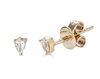 14k Gold Tiny Diamond Studs, Pear Studs, Dainty gold studs, dainty diamond studs, simple earrings, 2nd hole earring, Cartilage Stud - (4-D5)